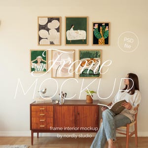 Six frame mockup bundle, set of six frame mockups, set of 6 frames with person, frame gallery mockup, wall gallery mockup light wood
