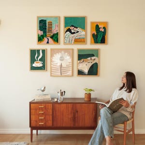 Six frame mockup bundle, set of six frame mockups, set of 6 frames with person, frame gallery mockup, wall gallery mockup light wood