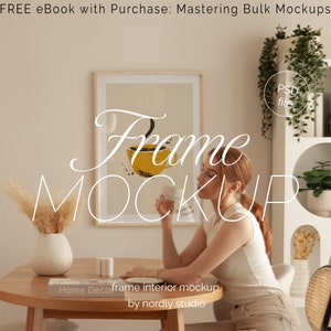 Frame Mockup With Person, DIN A Ratio, Thin Wood Frame, PSD Photoshop Photopea Mockup, Frame Mockup Home Interior, Dining Table Frame Mockup