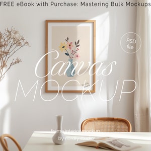 Framed Canvas Mockup Dining Room, DIN A Ratio, Thin Wood Frame, PSD Photoshop Photopea Mockup, interior frame mockup, poster mockup