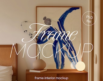 DIN A Vertical Glass Frame Photoshop Mockup Template for Art Display, A2 Wood Frame in Bedroom Scene PSD, Photoshop Frame Mockup with Lamp