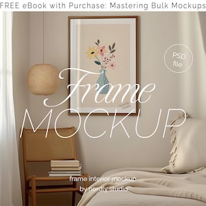 DIN A Vertical Frame Photoshop Mockup Template for Art Display, A2 Wood Frame in Bedroom Scene PSD, Photoshop Frame Mockup