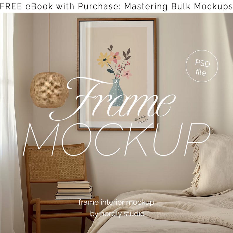DIN A Vertical Frame Photoshop Mockup Template for Art Display, A2 Wood Frame in Bedroom Scene PSD, Photoshop Frame Mockup