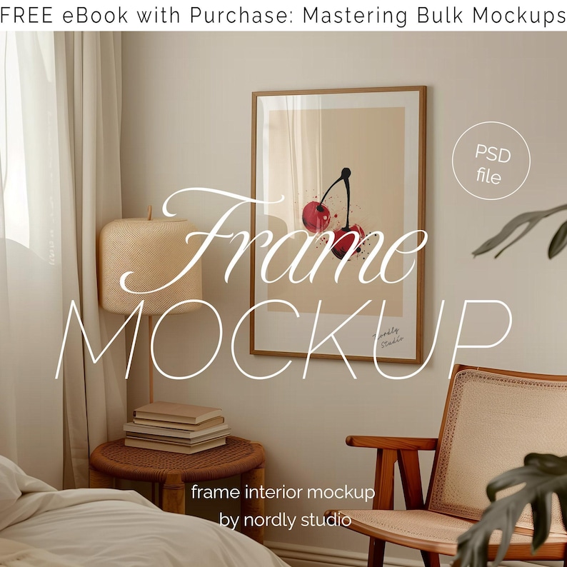 Wood Frame Mockup, A2 Vertical, Japandi Style (PSD Template) image 1