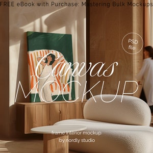 Leinwand Wrap Mockup mit Person, Leinwand Mockup, ISO DIN Verhältnis, ungerahmt Leinwand Wrap Mockup, PSD Photoshop Mockup, Leinwand Mockup Frau Sofa