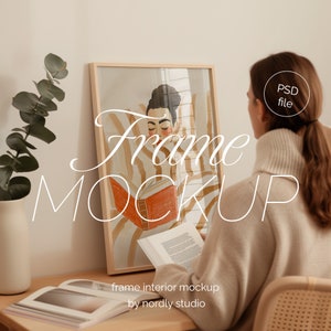 Frame Mockup With Person, DIN A Ratio, Thin Wood Frame, PSD Photoshop Photopea Mockup, Frame Mockup Home Interior, Office Frame Mockup