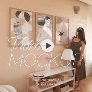 Set of 3 Video Frame Mockup With Person, DIN A Ratio, Thin Wood Frame, PSD Photoshop Animated Mockup, Frame Video Template Home Interior MOV