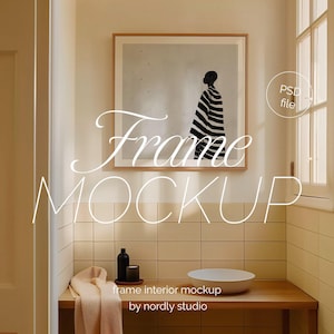 Square Frame Mockup: Wood Floater, Bathroom Interior (PSD)