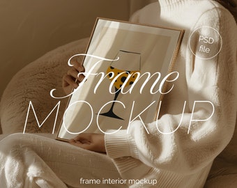 Frame Mockup With Person, DIN A Ratio, Woman holding frame mockup, PSD Photoshop Photopea Mockup, Interior Frame Mockup, Boho Frame Mockup