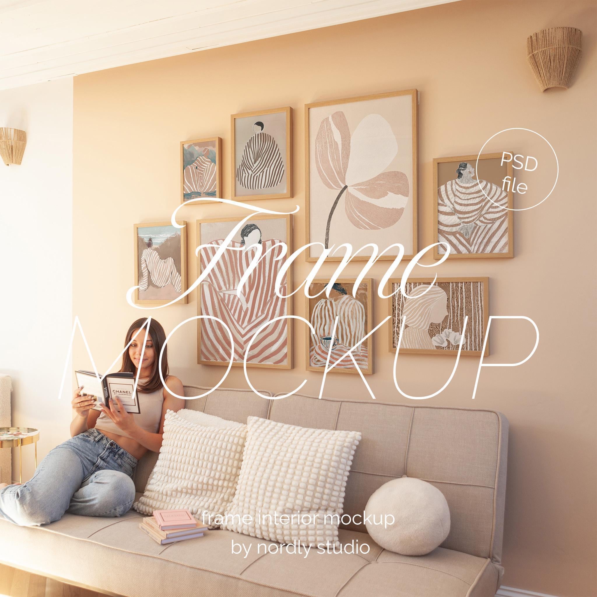 Gallery Wall Mockup: 8 Frame Template, Living Room Decor (PSD