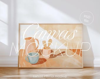 Landscape Canvas Mockup: Light Wood Frame, Minimalist Style (PSD)