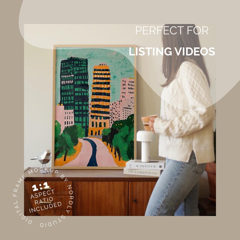 Social Media Wall Art Mockup Video With Person, 1x1 & 9x16 Aspect Ratio for Reels, PSD Animated Mockup, Video Mockup Home Interior MOV