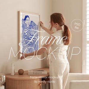 Frame Mockup With Person, DIN A Ratio, Thin Wood Frame, PSD Photoshop Photopea Mockup, Frame Mockup Home Interior, Office Frame Mockup