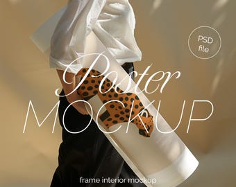 Minimalist Poster Mockup: Woman Holding Tube, PSD Photoshop File