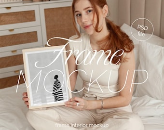A4 Wood Frame Mockup: Bedroom Interior Scene (PSD)