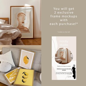 The image is a collage of two framed artworks and a text overlay promoting a product. The text overlay offers a deal for purchasing two exclusive frame mockups with each purchase, and it includes a contact email address for further inquiries.