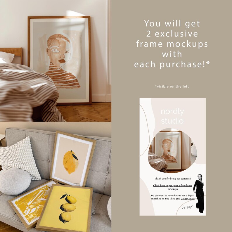 The image is a collage of two framed artworks and a text overlay promoting a product. The text overlay offers a deal for purchasing two exclusive frame mockups with each purchase, and it includes a contact email address for further inquiries.