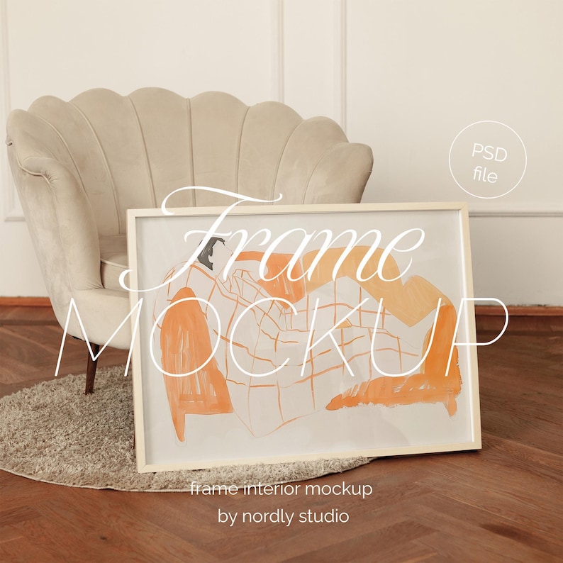 Horizontal Frame mockup light wood DIN A 4, Landscape Minimal frame mockup, Frame on wooden floor mockup, glamour frame mockup