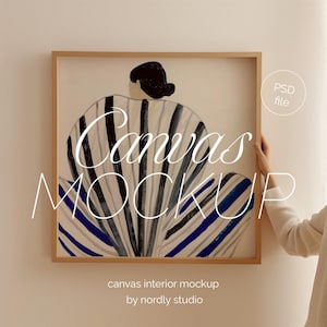 Square Frame Mockup: Wood, Prints with Person (PSD Template)