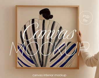 Square Frame Mockup: Wood, Prints with Person (PSD Template)