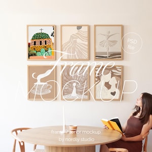 Set of 6 frames with person, six frame mockup bundle, set of six frame mockups, frame gallery mockup, wall gallery mockup light wood