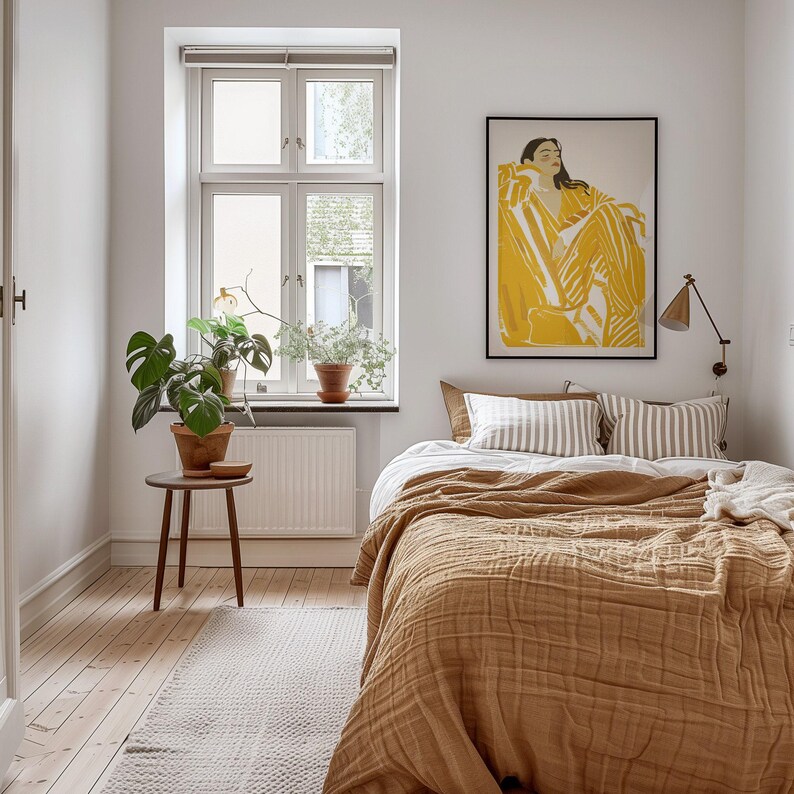 Vertical Frame Mockup Bedroom, DIN A Ratio, Thin Wood Frame, PSD Photoshop Photopea Mockup, interior frame mockup, glass reflection mockup