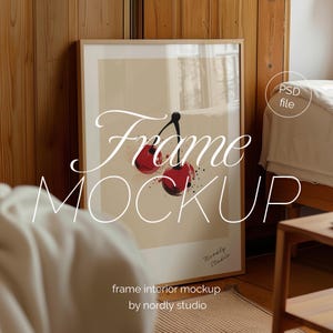 White Frame Photoshop Mockup: DIN A ISO, Bedroom Interior (PSD)