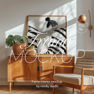 Square Frame Mockup: Wood Frame, Interior Scene (PSD)