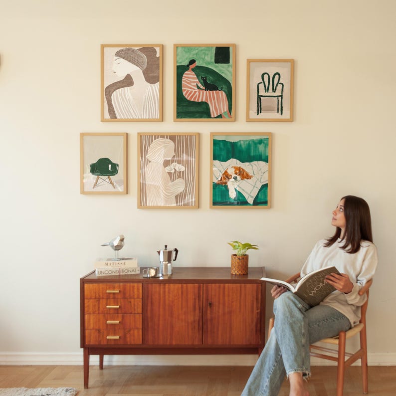 Six frame mockup bundle, set of six frame mockups, set of 6 frames with person, frame gallery mockup, wall gallery mockup light wood