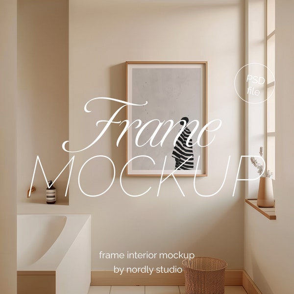 DIN A Frame Mockup for Photoshop, Japandi PSD Frame Mockup A2 Template for Art and Printables, Wood Frame Mockup Interior Scene Bathroom