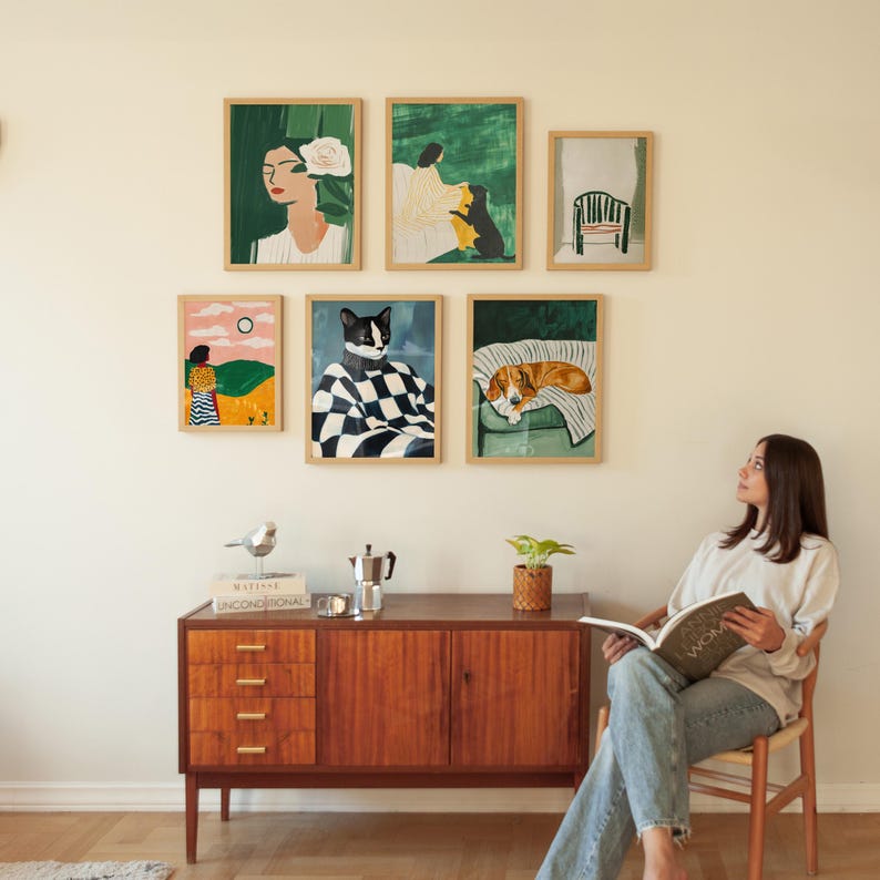 Six frame mockup bundle, set of six frame mockups, set of 6 frames with person, frame gallery mockup, wall gallery mockup light wood