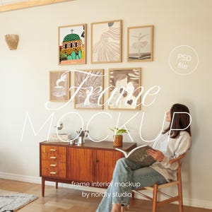 Six frame mockup bundle, set of six frame mockups, set of 6 frames with person, frame gallery mockup, wall gallery mockup light wood