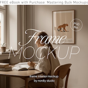 Frame Mockup With Person, DIN A Ratio, Thin Wood Frame, PSD Photoshop Photopea Mockup, Frame Mockup Home Interior, Office Frame Mockup