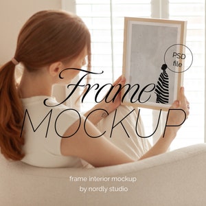 Frame Mockup With Person, DIN A Ratio, Thin Wood Frame, PSD Photoshop Photopea Mockup, Frame Mockup Home Interior, Office Frame Mockup