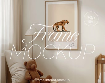 DIN A Vertical Frame Photoshop Mockup Template for Art Display, A2 Wood Frame in Nursery Kids Room Scene PSD, Photoshop Frame Mockup