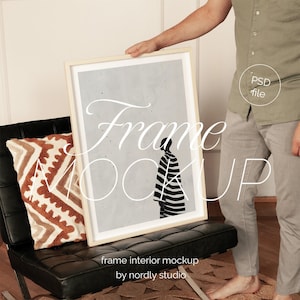 Frame Mockup With Person, DIN A Ratio, Thin Wood Frame Mockup with Man, PSD Photopea Mockup, Frame Mockup Home Interior, Luxury Frame Mockup