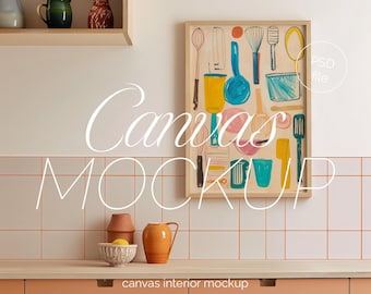 Vertical Canvas Mockup: Kitchen Scene, Thin Wood Frame (PSD)