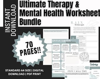 May include: A digital download of 70 pages of worksheets for mental health therapy. The worksheets are designed for use with Cognitive Behavioural Therapy (CBT) and Dialectical Behaviour Therapy (DBT). The worksheets are in black and white with a grey starburst graphic and text that reads "Ultimate Therapy & Mental Health Worksheet Bundle".