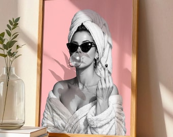 Pink Bubblegum Fashion Wall Art, Edgy Black and White Moody Middle Finger Feminist Poster, Girly Bathroom Decor