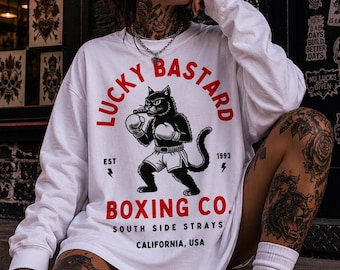 Comfort Colors®  Lucky Bastard Boxing Co. White Graphic Long-Sleeve Top | Traditional Flash Tattoo Boxing Cat Shirt