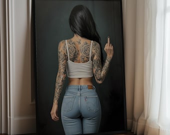 タトゥーを入れた女性のポスター、オルタナティブウォールアート、タトゥーの油絵（額なし）、中指アート