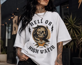 Unisex Hell or High Water Comfort Colors Gothic Skull and Shark Tee, Alternative Graphic T-Shirt, Punk Rock Apparel, Grunge Streetwear Top