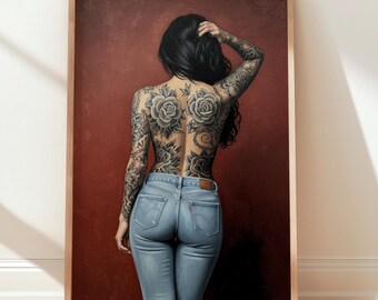Tattooed Woman Moody Red Oil Painting Print