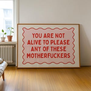 May include: A framed art print with the text "YOU ARE NOT ALIVE TO PLEASE ANY OF THESE MOTHERFUCKERS" in red on a pink background. The artwork is displayed in a room with a window, plants, and a wooden floor.