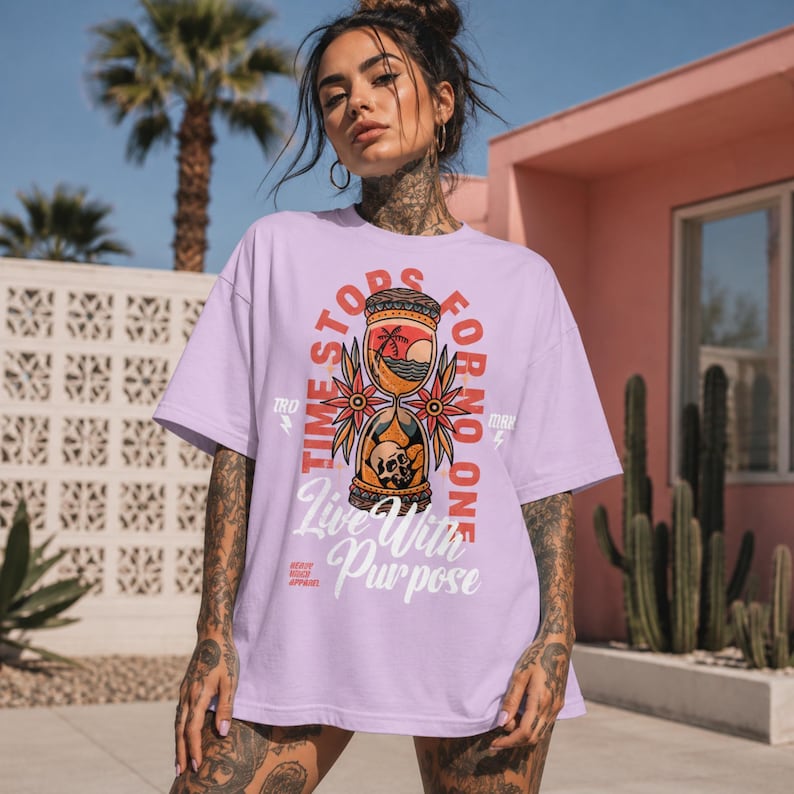 Comfort Colors® Live With Purpose Tattoo Style Graphic Tee, Inspirational Streetwear Top, Boho Graphic Tee for Women
