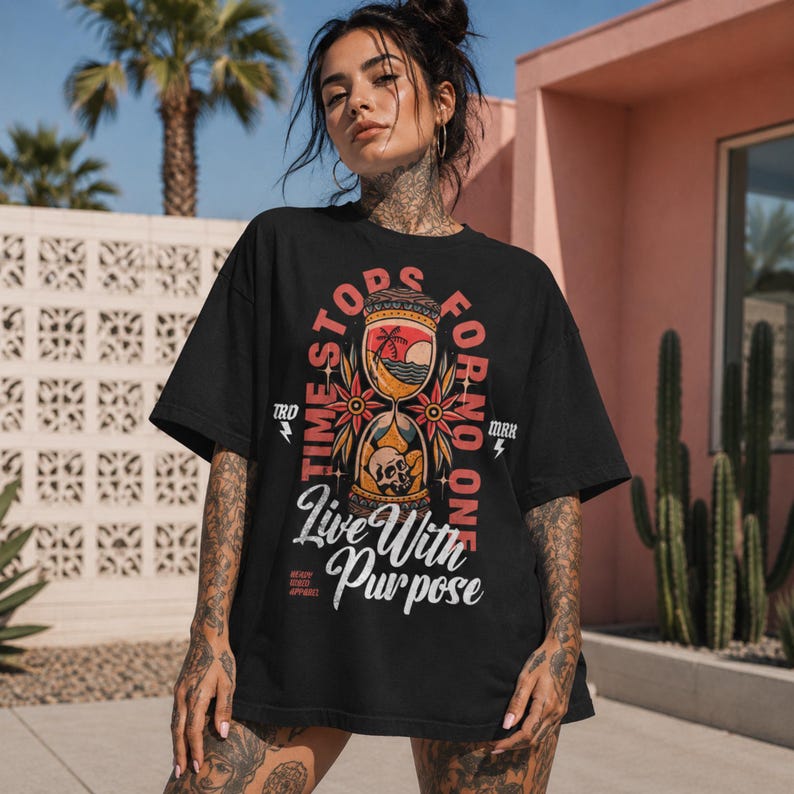 Comfort Colors® Live With Purpose Tattoo Style Graphic Tee, Inspirational Streetwear Top, Boho Graphic Tee for Women