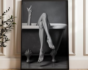 Black and White Bathroom Art Print | Moody Legs in Tub Poster | Middle Finger Poster | Rebel Wall Decor