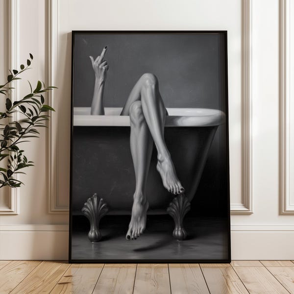 Lámina artística de baño en blanco y negro / Póster de piernas melancólicas en la bañera / Póster de dedo medio / Decoración de pared rebelde