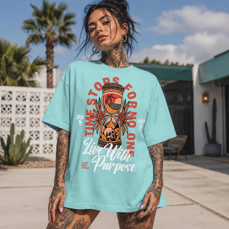 Comfort Colors® Live With Purpose Tattoo Style Graphic Tee, Inspirational Streetwear Top, Boho Graphic Tee for Women