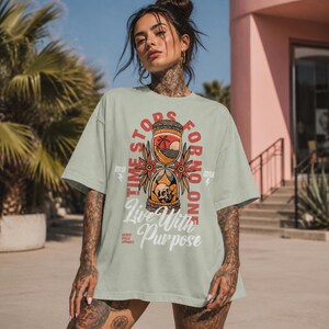 Comfort Colors® Live With Purpose Tattoo Style Graphic Tee, Inspirational Streetwear Top, Boho Graphic Tee for Women